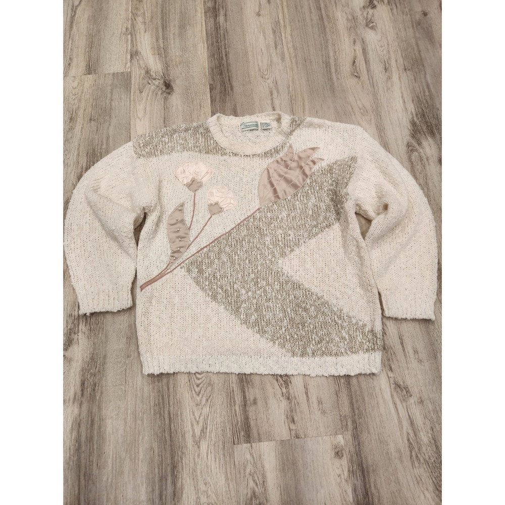 Vtg Extra Shenanigans Knit Granny Sweater Cream Pastel Floral And Pearls Size 20